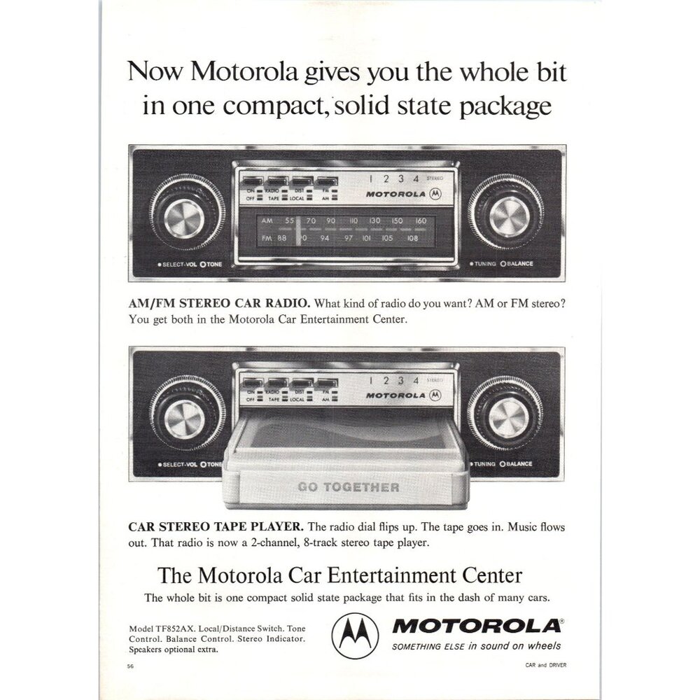 1973 Motorola Car Stereo 8 Track Tape Player Vintage Print Ad Man Cave Wall Art
